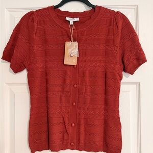 RIHOAS Red Short-Sleeve Button-Front Knit Top